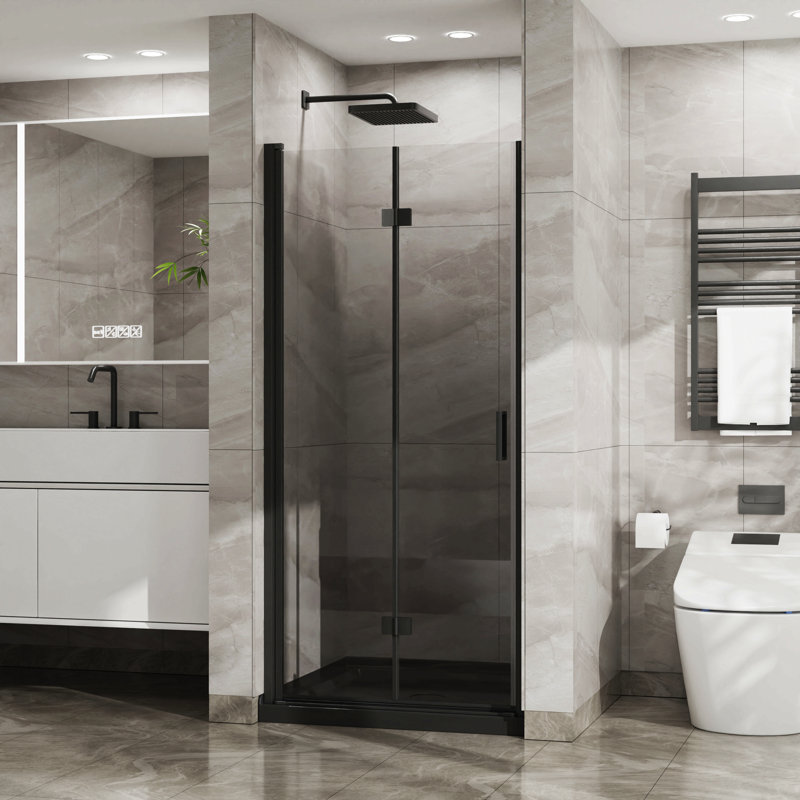 34"X 72" Bifold Frameless Glass Shower Door 1/4 Inch Tempered Clear Glass Pivot Swing Shower Panel, Foldable, Black