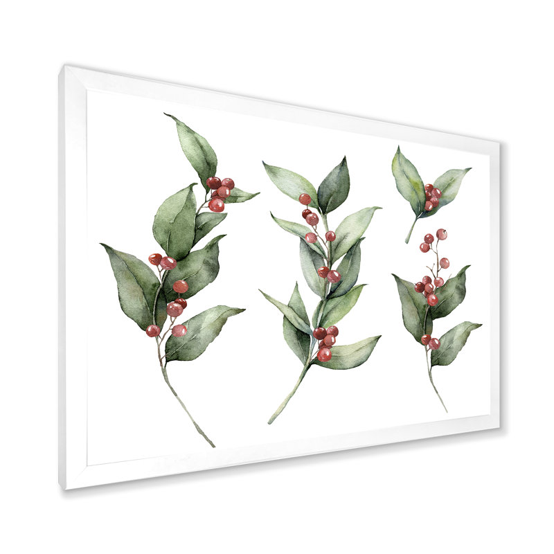 Ensemble de Noël avec branches et Berrie rouge - Peinture sur toile, H 30 po x l 40 po x 1,5 po, Cadre photo blanc
