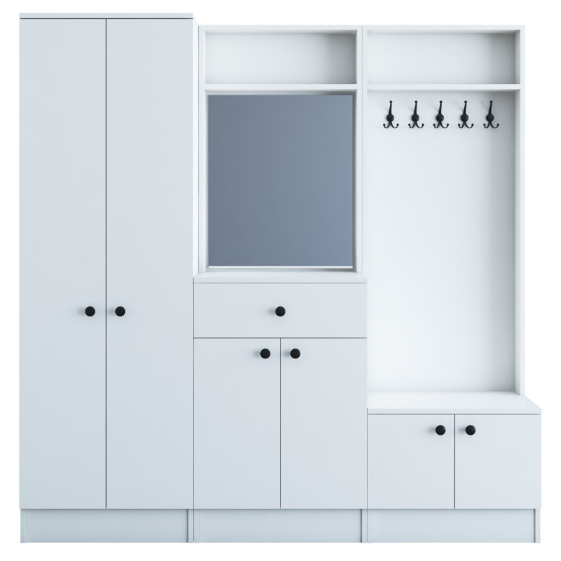 Modern White Hall Stand with Mirror, 70.7 x 72.0 x 14.7 inches | 100% Melamine Coated Particle Board, 0.71 inches Thick | Multipurpose Hanging Rack, 1 Drawer, Numerous Shelves, Wall-Mounted Storage Solution