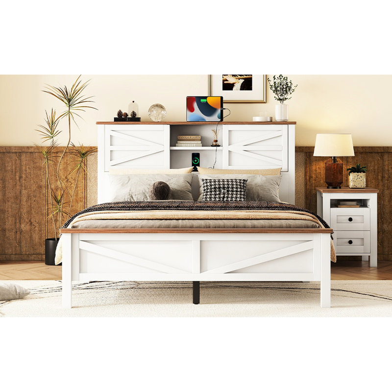Grand lit plateforme avec porte coulissante double rustique et charge, lattes en bois, blanc et taupe pour prise de charge