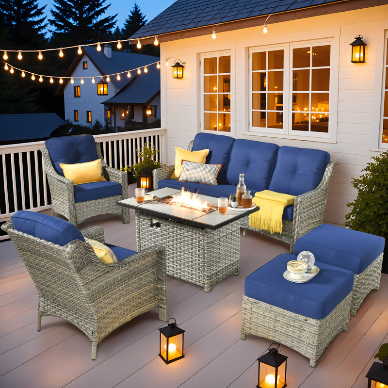 Harper 6 Pieces Patio Furniture Set With Fire Pit Table, Outdoor Wicker 3-seat Sofa With Comfy Cushion, High Back Rattan Conversation Set For Garden Backyard