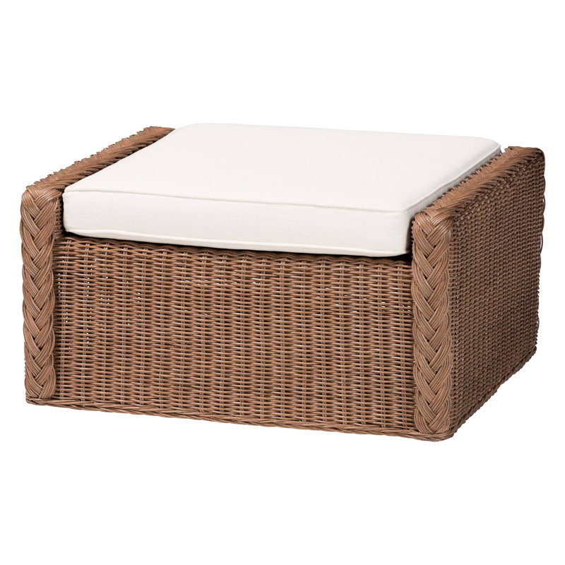 Bohemian Foot Stool Constructed From Natural With Braided Detailing, Removable Foam - Padded Fabric Cushion, Versatile As Footstool Or Extra Seat, Fully Assembled, Brown, 25.08 In Depth, 28.17 Width,