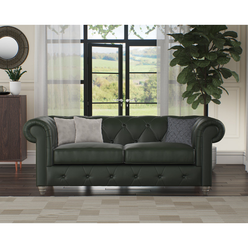 Melrose 3 Seater Leather Sofa, Hunter Green, Washed Oak