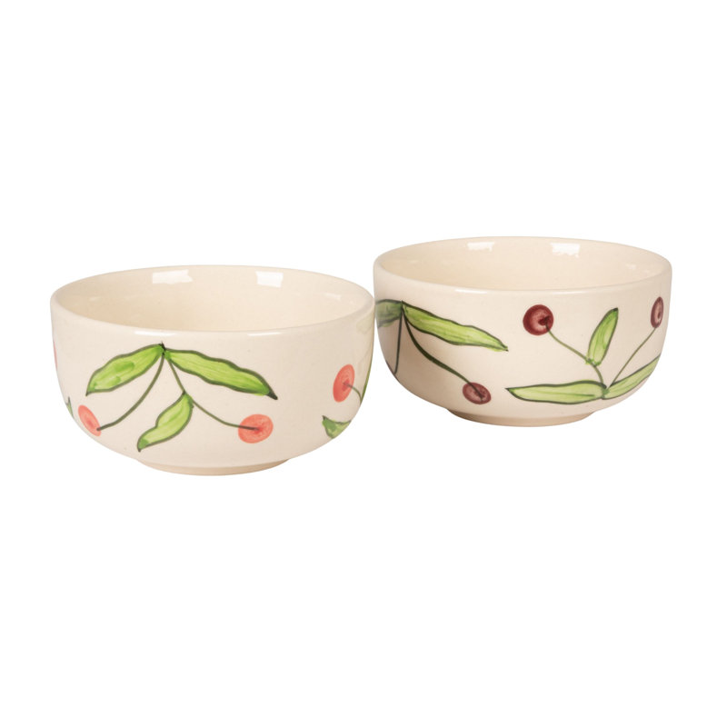 Hand‑Painted Stoneware Bowl Set With Cherry Motif