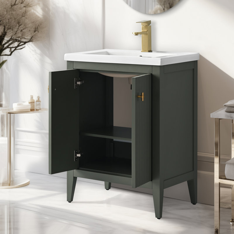 Ensemble de meuble-lavabo sur pied lavabo simple 24 po avec plateau en céramique blanche, Linéaire vert rétro, Doré brossé