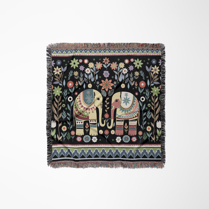 Jeté en mélange de coton Cece Elephant, Noir / vert / jaune, L 60 po x l 60 po