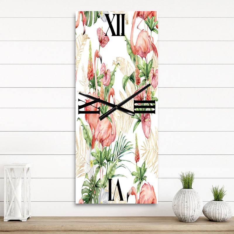 Horloge murale flamants roses avec fleurs et feuilles tropicales, Petit