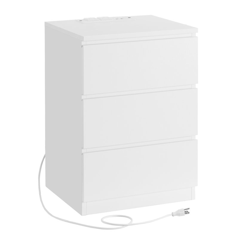 Moneika Nightstand with Charging Station, Side End Table with 3 Drawers, 2 AC Outlets, 2 USB Ports, White