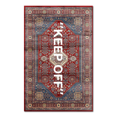 Red Vintage Iran Carpet Themed 'Keep Off' Text Woven Base Rug