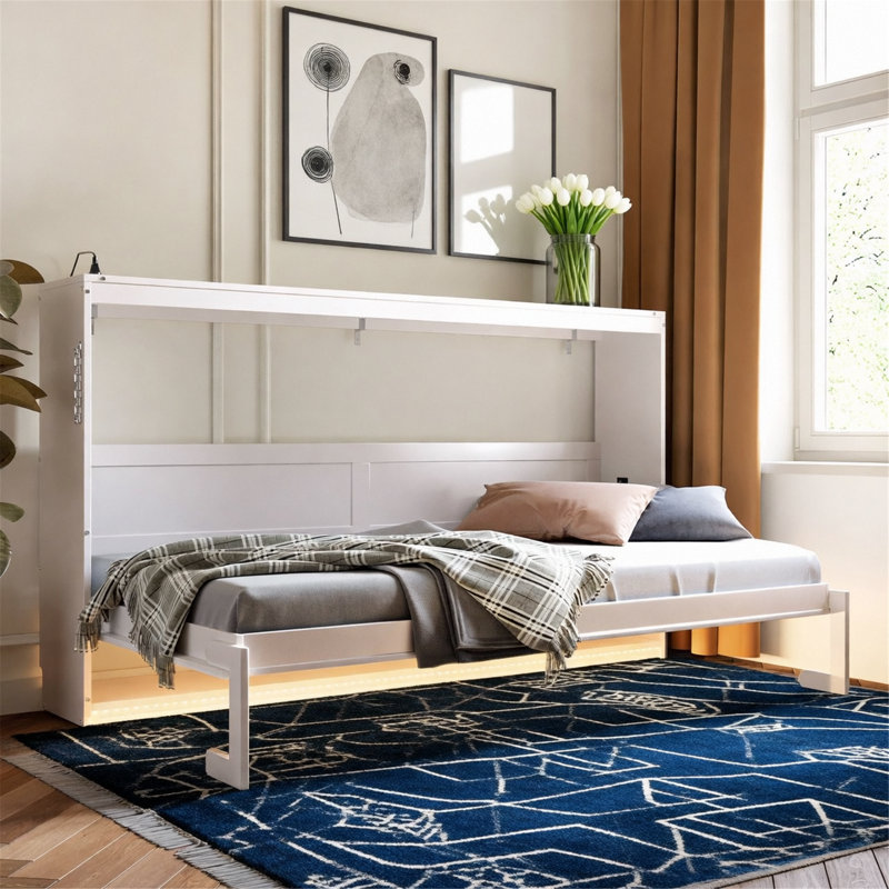 Modern Murphy Bed With LED Under-Bed Lighting, Built-In USB Outlet, Lit simple, White