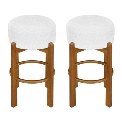 Set of 2 Counter Height Bar Stools, Light Walnut Rubberwood Frame with Ivory Upholstered Seat, Footrest Support