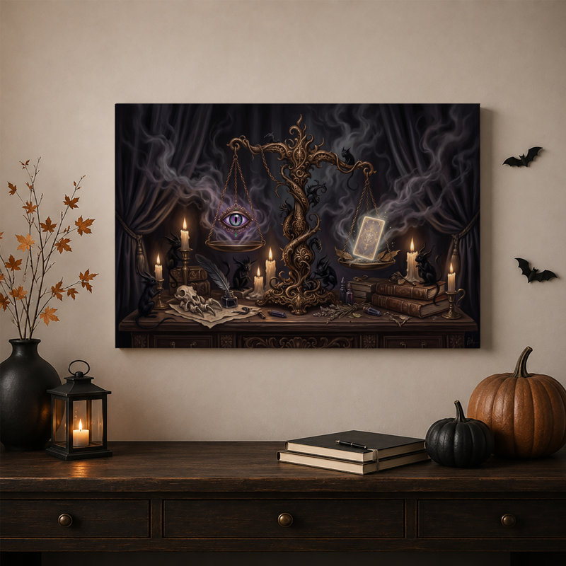 Tableau sur toile noire représentant une écaille dorée mystique avec un œil brillant, idéal pour Halloween., 12"H x 18"W