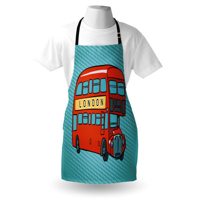 East Urban Home London Apron Unisex Comic Style Retro London Bus Adult Size Cadet Blue Vermilion