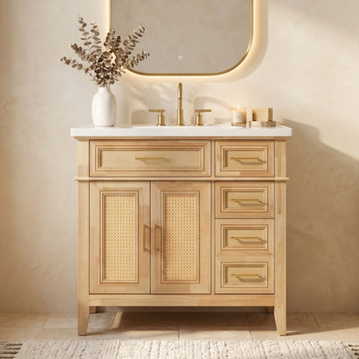 36" Bathroom Vanity With Ceramic Sink, 2 Doors & 2 Drawers, Tilt-Out Storage Panel, Rubberwood Frame & Plywood Cabinet, Painted Finish