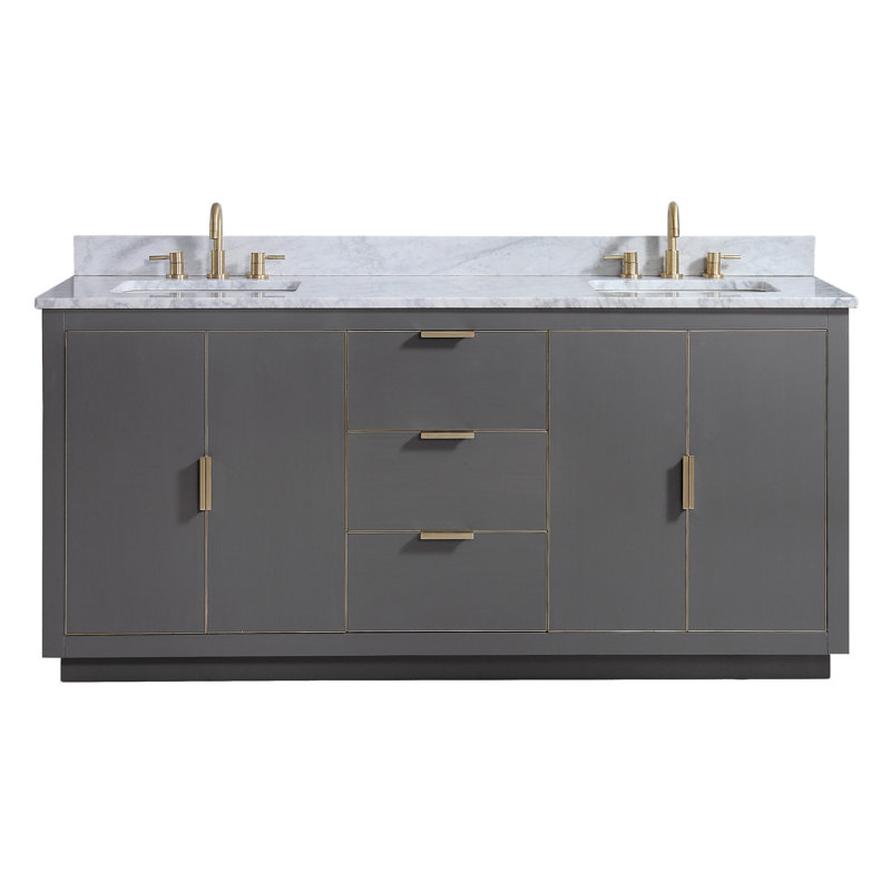 Salise 73'' Double Bathroom Vanity with Quartz Top, Carrera White Marble/Gold, Twilight Gray