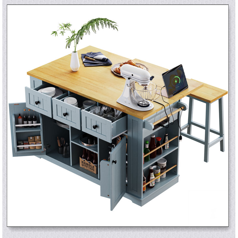 53 Inch Large Kitchen Island with Drop Leaf, Power Outlet, and Rolling Cart on 5 Wheels for Enhanced Storage and Mobility