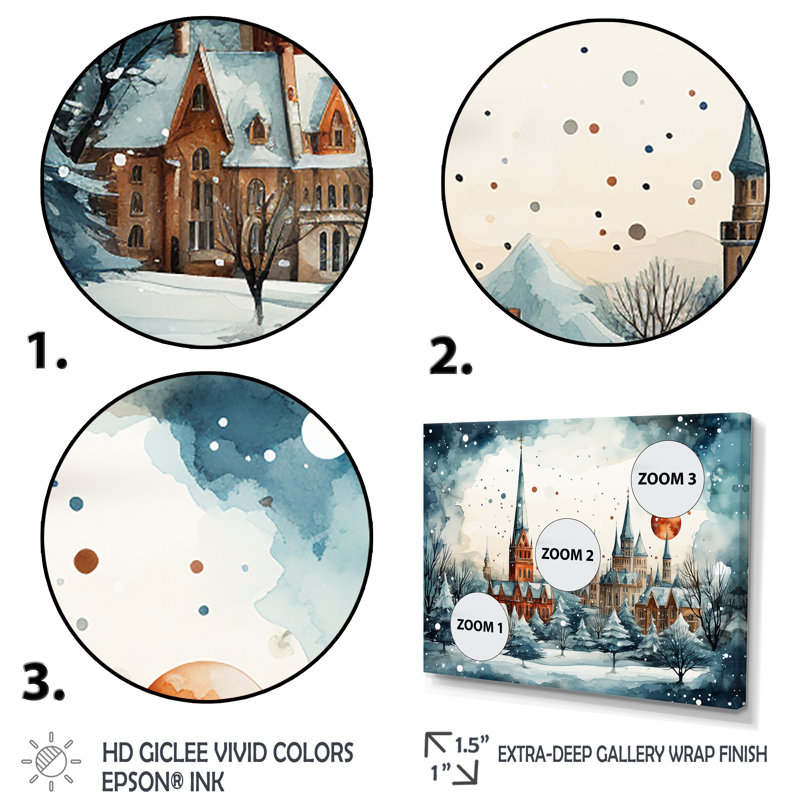 «Christmas Village In Winter II - Winter Landscape», art mural, Cadre d'angle fermé noir, H 34 po x l 44 po x P 1,5 po