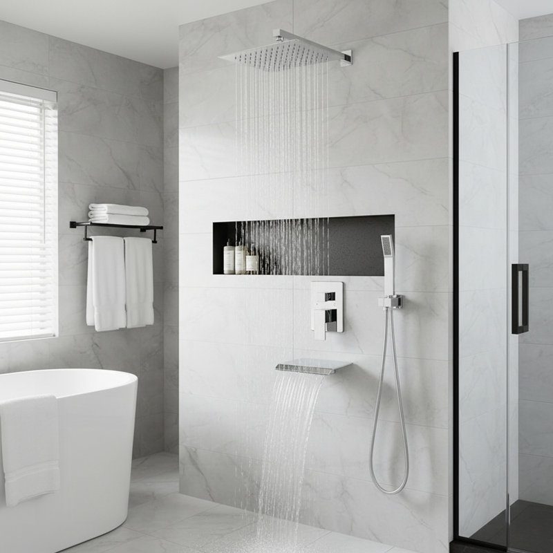 Rain Shower System Chrome, Tub Shower Faucet Set 10 Inch Square Rainfall Shower Head With Handheld Sprayer And Waterfall Tub Spout Pressure Balance
