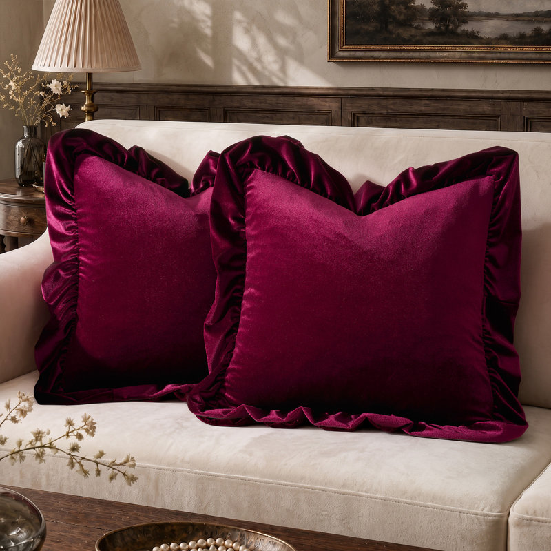 Housses de coussin décoratives luxueuses à volants en velours, pour canapé ou fauteuil., Square 18", Rouge