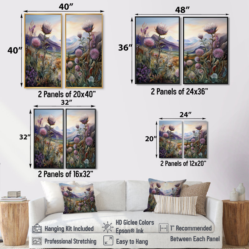 Charme de montagne champ de chardon mauve - chardon floral, art mural, Noir, H 36 po x l 48 po, Impression encadrée flottante