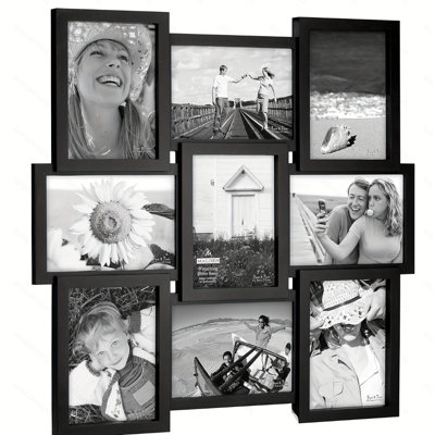 A black 4x6 photo collage frame, 18 x 18 inch 9-opening collage frame - displays four 4x6 and five 6x4 inch photos