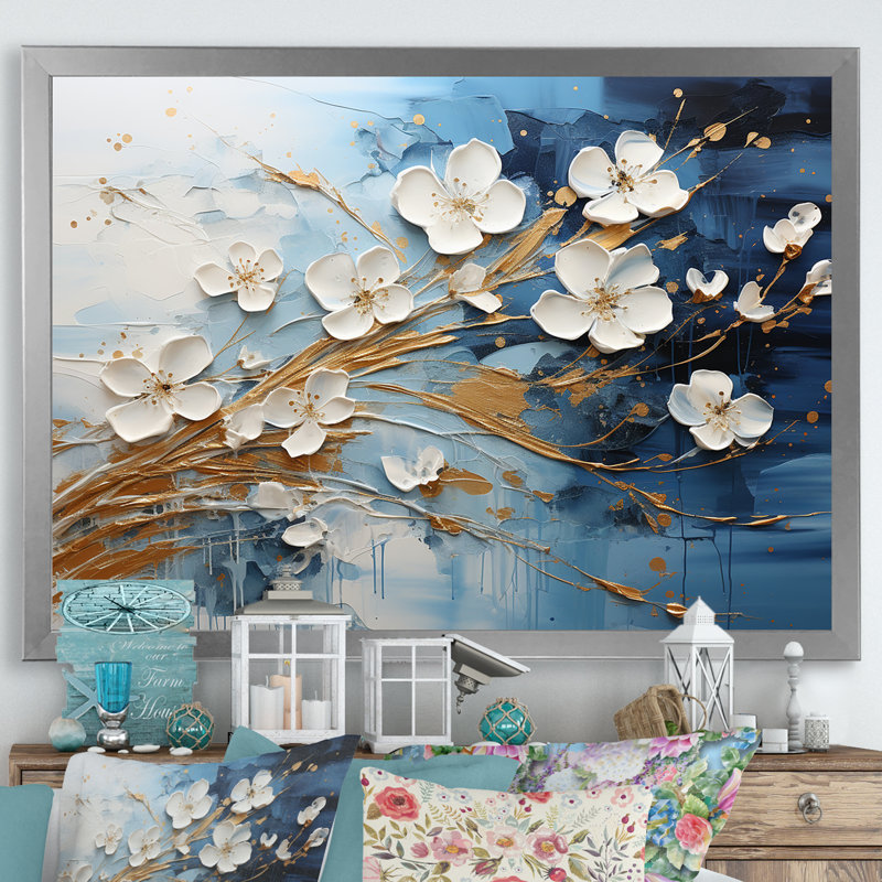 Encre liquide blanche et bleue I - Fleurs, art mural, H 34 po x l 44 po x P 1,5 po, Cadre de coin argenté fermé