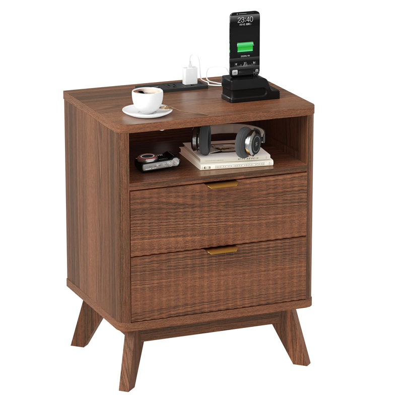 Fluted Nightstand Set with Charging Station,Bedside Table with 2 Storage Drawers,End Table with 2 Drawers, Walnut, 1