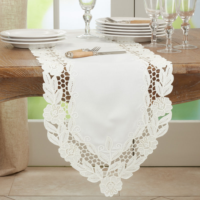 Ivory Floral Embroidered Polyester Table Runner