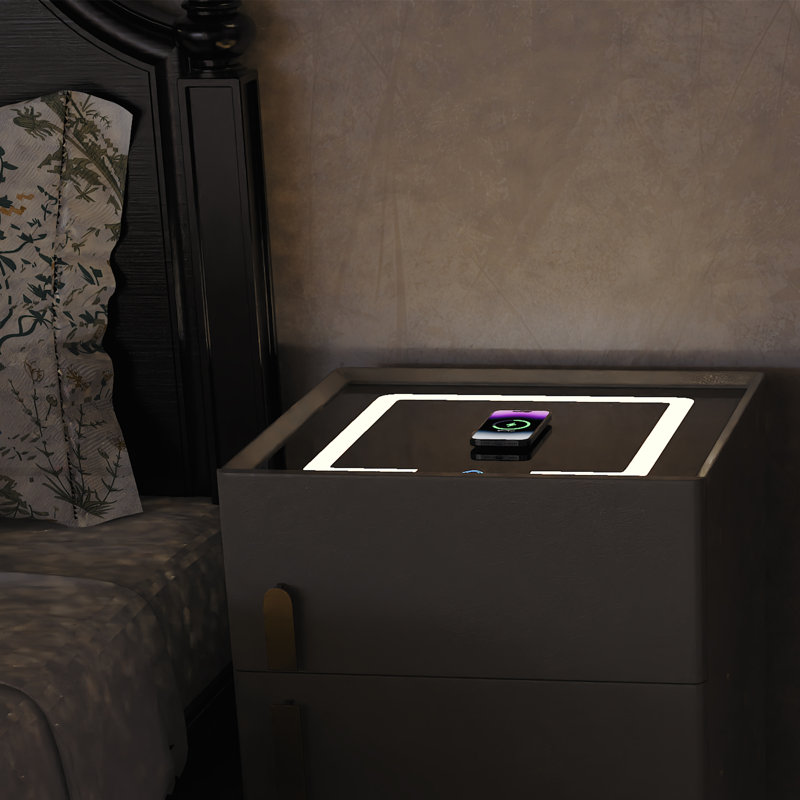Kendrianna Nightstand with Safe Box and LED Lights and Wireless Charge, Light Brown