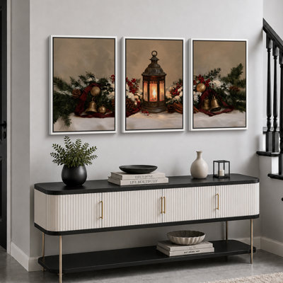 Décoration de Noël avec lanternes vertes, tableau pour chambre, impression giclée sur toile encadrée en 3 pièces - 3 pièces de 40 x 60 cm et 3 pièces de 60 x 90 cm