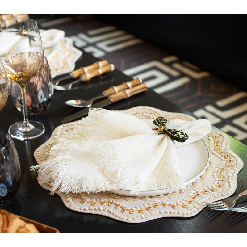 Fringe Linen Napkin, White/Gold