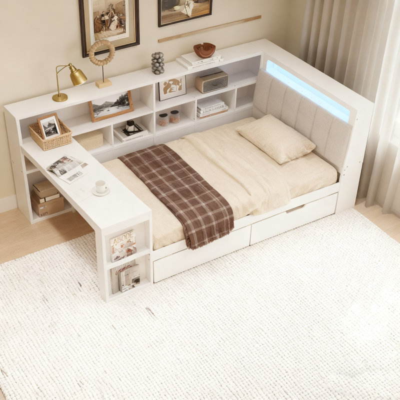 L-Shaped Wooden Daybed With Desk And Storage Bookcase, Corner Bed With Upholstered Headboard And Under-Bed Drawers And LED Light For For Bedroom Living Room