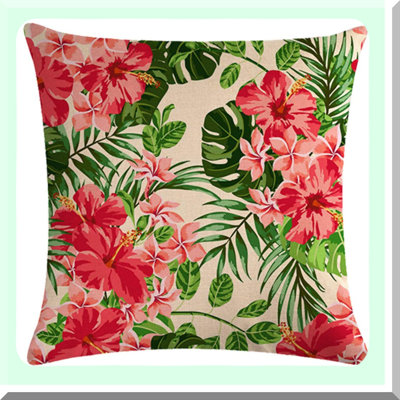 Tropical Paradise Pillow Covers - Set of 4 Decorative Leaf & Flower Pattern Cushion Cases, Cotton Linen, Parrot & Turtle Design