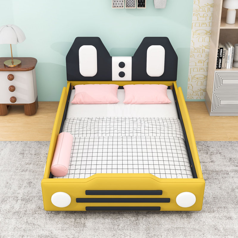 Upholstered Twin Race Car-Shaped Platform Bed With Safety Guardrails, Yellow