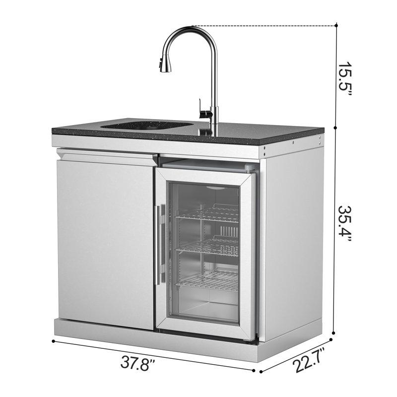 Outdoor Kitchen Sink & Beverage Fridge Module, 304 Stainless Steel Cabinet With Built-In Refrigerator, Weather-Resistant Outdoor Kitchen Island Component