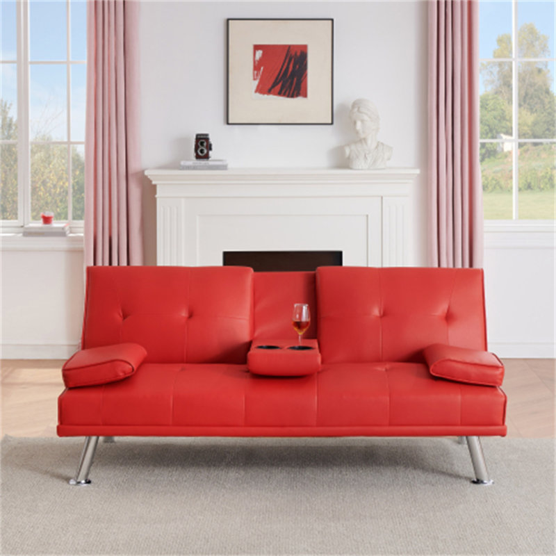 Canapé-lit pliant double en cuir rouge 67 pouces avec table basse pour bureau, Red