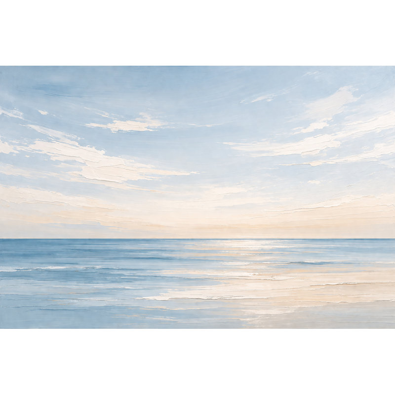 Art mural doux bleu océan horizon, peinture de paysage plage beige clair, décoration murale moderne sur toile tendue