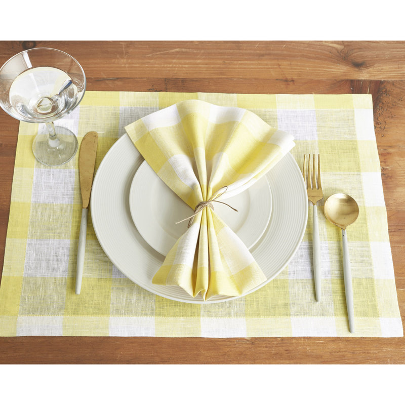 Buffalo Check - 100% Pure Linen Dinner Napkins, Yellow/White