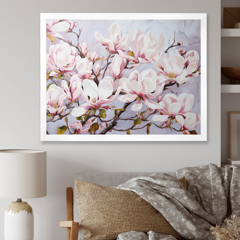 Fleurs de magnolia roses sur toile, Cadre simple blanc, H 16 po x l 32 po x P 1 po