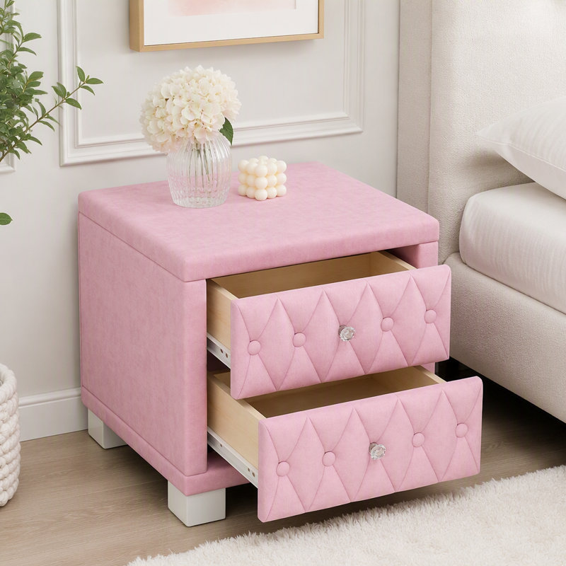 Table de chevet en velours avec 2 tiroirs et poignées en cristal, Rose