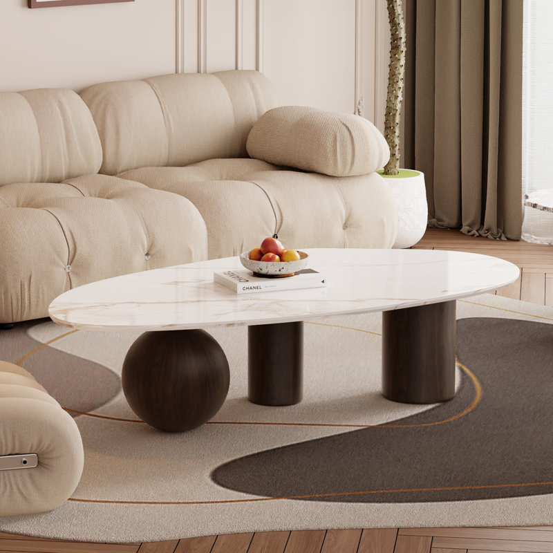 Table basse moderne en simili marbre à trois pieds en bois massif de forme spéciale pour le salon, Brown