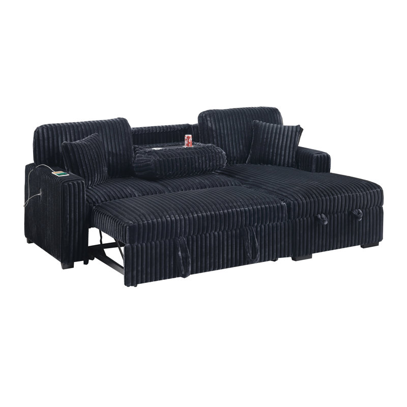 Modern Style 2Pc Convertible Sectional Pull Out Sofa Fold Down Table Cup Holder Usb Port Storage Chaise Matching Pillow Primary Living Room