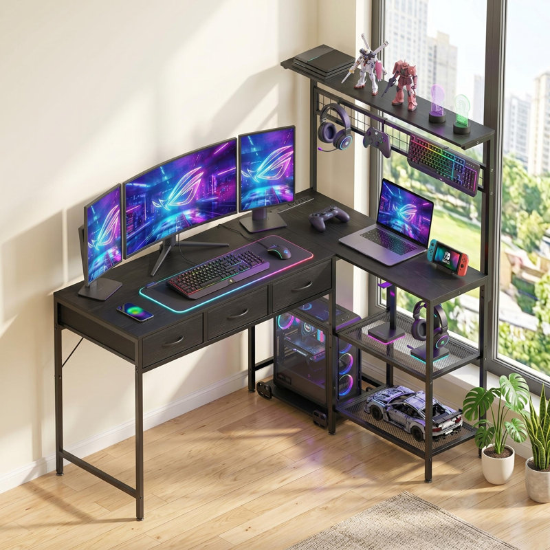 Bureau de jeu en L avec prises de courant, bureau d'ordinateur de 50,4 pouces avec lumières DEL et 3 tiroirs en tissu, bureau d'angle en forme de L avec tablettes de rangement et port USB c, bureau à domicile pour petits espaces, noir