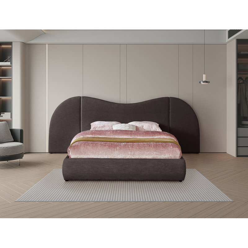 Hyrup Upholstered Panel Bed, Queen, Brown Linen Textured Fabric