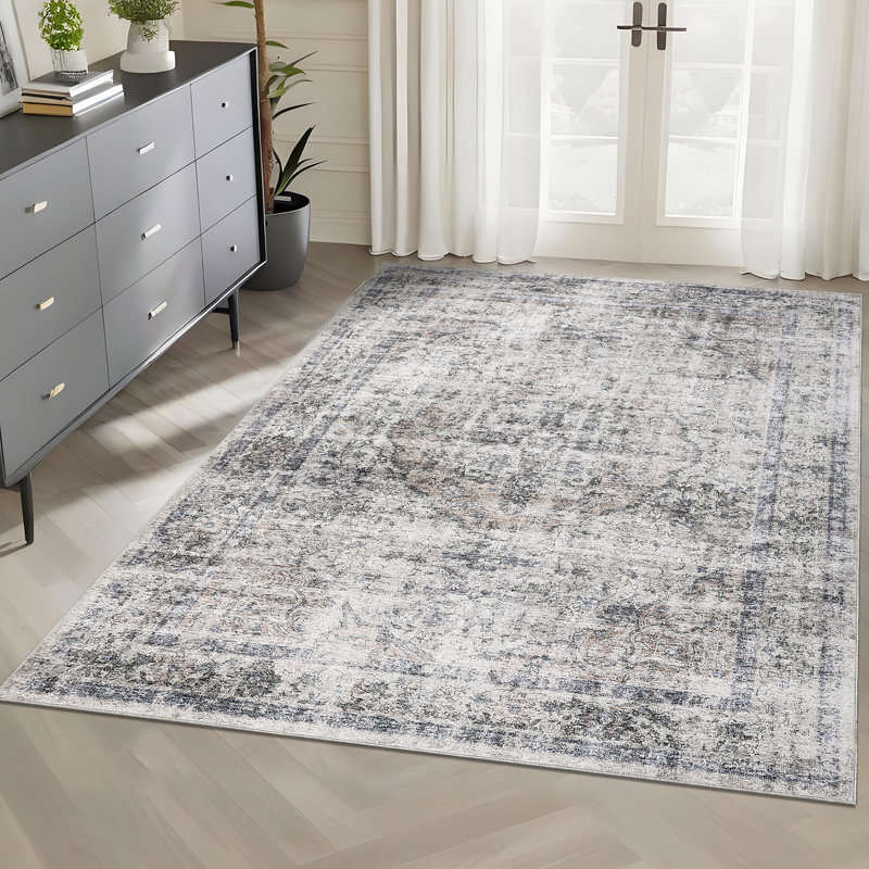 Machine Washable Rug with Rubber Backing for Living Room Oriental Non-Slip Area Rug Easy-Cleaning Vintage Floor Carpet for Bedroom Dining Room Office Playroom Nursery
