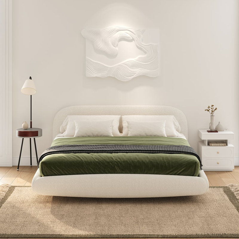 King Size White Boucle Upholstered Floating Bed Frame With Led Lights