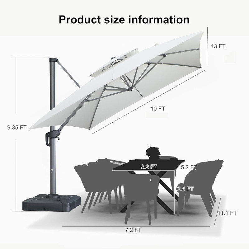 Parasol carré large 10 "x 13" pour l'extérieur, double toile, tissu haut de gamme, avec base, blanc, Toile naturelle