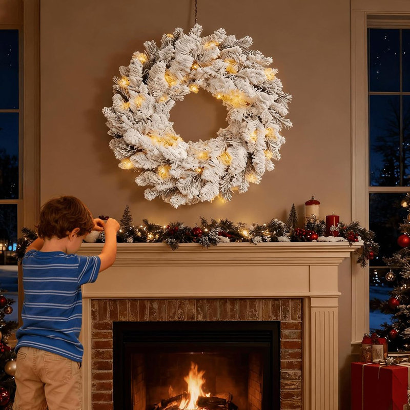 Couronne de Noël - vert et blanc - neige artificielle floquée avec lumières pré-éclairées, porte d'entrée des Fêtes et décor extérieur