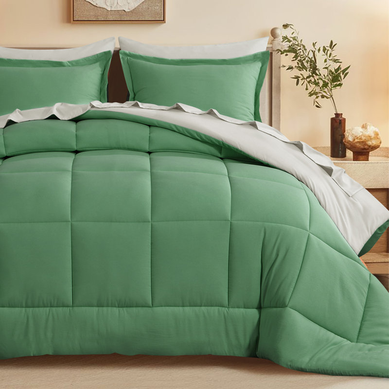 Microfiber Percale Comforter Set 5/7pieces, Sage Green/Linen, Full Comforter + 6 Additional Pieces