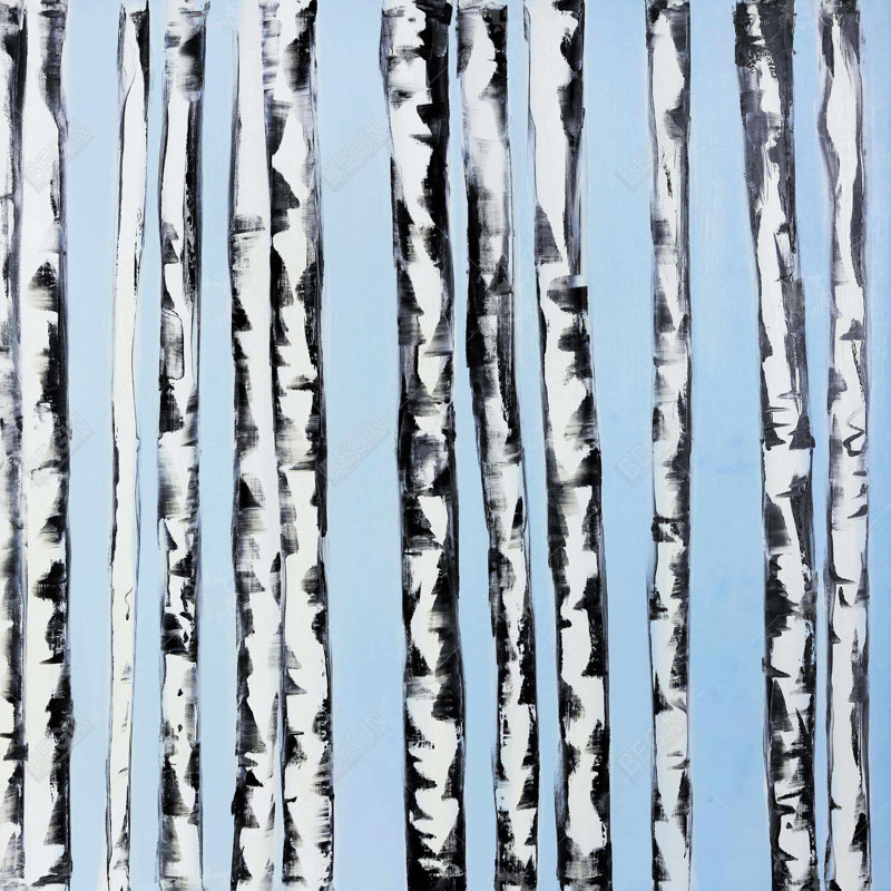 Bouleaux sur fond bleu - Toile avec cadre bleu de bureau, Bleu / blanc / noir